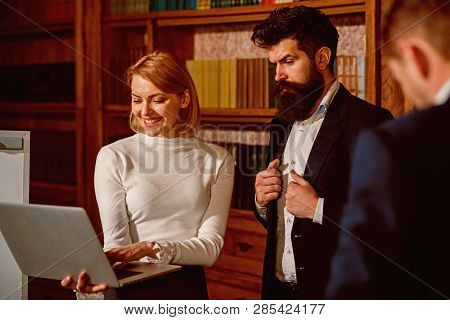 Modern Life Concept. Busy Modern Life. Woman And Men Use Laptops In Modern Life. Modern Life With Ne