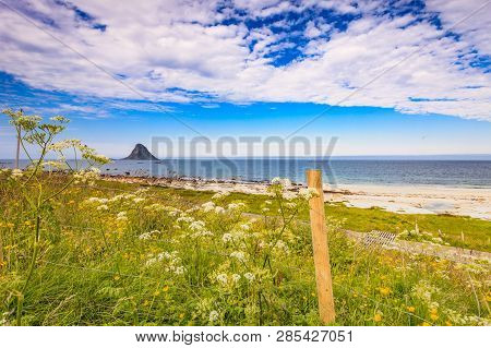 Seascape, Sea Coast With Sandy Beach And Island Bleiksoya In The Distance, Resort Bleik Andoya Norwa