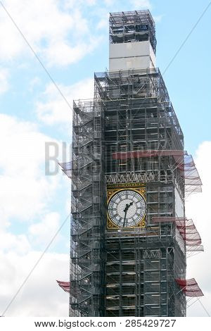 Big Ben In Central London With Scaffold During Cleaning And Refurb Work