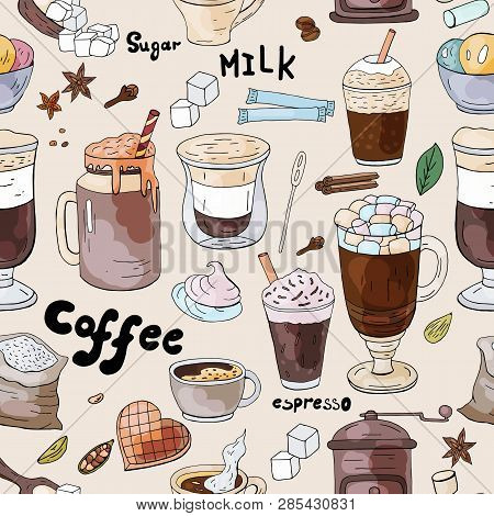Seamless Coffee Pattern, Vector Doodle Coffee Collection