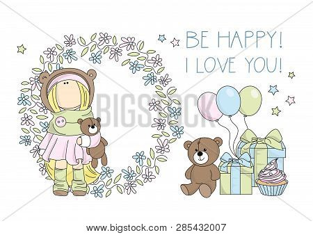 Be Happy I Love You Tilda Doll Children Holiday Vector Illustration Set For Print, Fabric And Decora