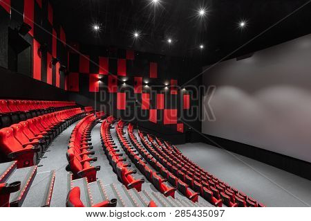Russia, Nizhny Novgorod - November 14, 2016: Cinema Imperia Grez Nebo, Dolby Atmos. Empty Red Cinema