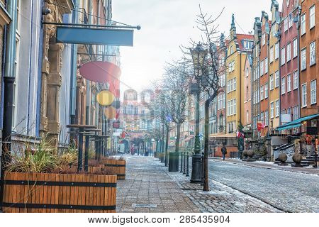 European Street Of Gdansk Called Piwna In The Morning Sun