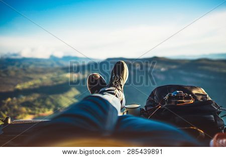 View Trekking Feet Tourist Backpack Photo Camera In Auto On Background Panoramic Landscape Mountain,