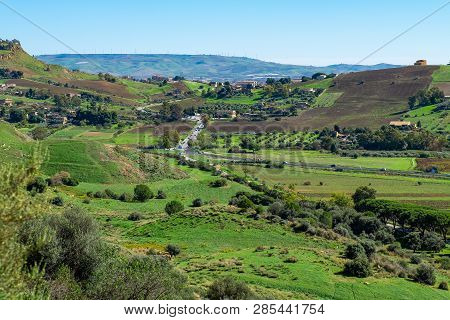 Scenic Landscape Of Sicily. Sicilian Countryside Landscape.