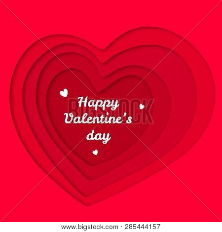 Valentines Day Vector Illustration, Poster Template. Red Abstract 3d Background With Hearts Paper Cu