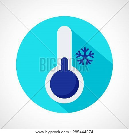 Color Weather Cold Icon In Flat Style. Blue Thermometer With Long Shadow On Blue Circle For Print, W