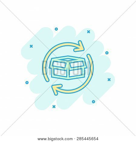 Vector Cartoon Box Package Return Icon In Comic Style. Delivery Box With Arrow Concept Illustration 