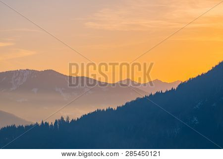 Panoramic View From Village Puergg Over Valley Ennstal To Sunset Over Mountains Gumpeneck And Hangof