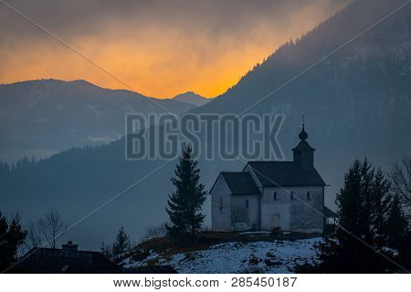 Panoramic View From Church In Village Puergg Over Valley Ennstal To Sunset Over Mountain Gumpeneck I