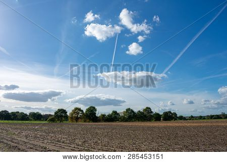 Beautiful Blue Cloud Sky With Contrails. Location: Germany, North Rhine - Westphalia, Borken
