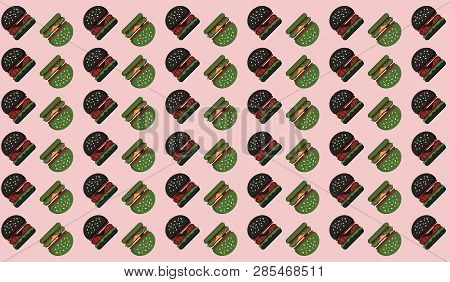 Hamburger Black And Green Pattern Background On Pink. Vector
