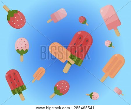 Pattern Ice Cream Fruit On Background Blue. Vector Drawing