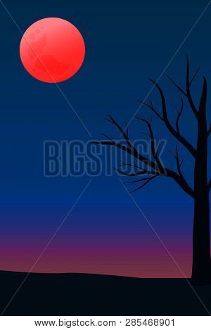 Red Moon In Sky Night With Dry Tree. Vector Background