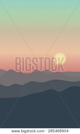 Landscape Sun On Sky In Mountain. Vector Background