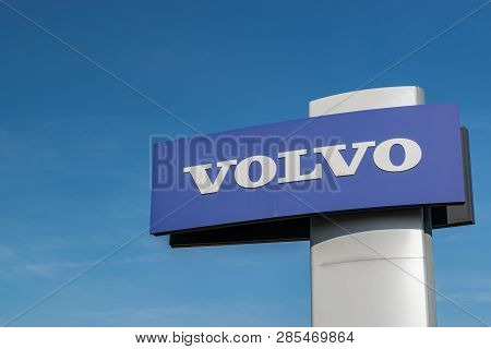 Roncq,france-february 20,2019:volvo Brand Logo On A Blue Sky Background.volvo Car Corporation Is A S