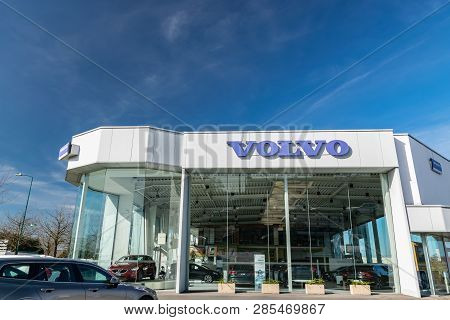 Roncq,france-february20,2019: View Of The Volvo Brand Dealership Store On A Blue Sky Background.volv
