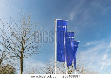 Roncq,france-february 20,2019:view Of The Volvo Brand Logo On The Flags.volvo Car Corporation Is A S