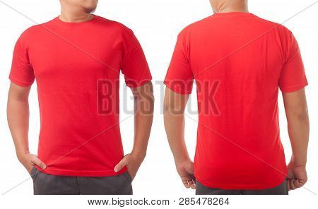 Red T-shirt Mock Up, Front And Back View, Isolated On White. Male Model Wear Plain Red Shirt Mockup.
