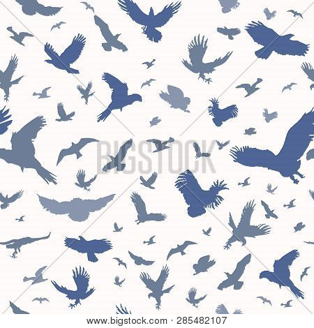Silhouette Of Flying Birds On White Background Seamless Pattern. Inspirational Body Flash Tattoo Ink