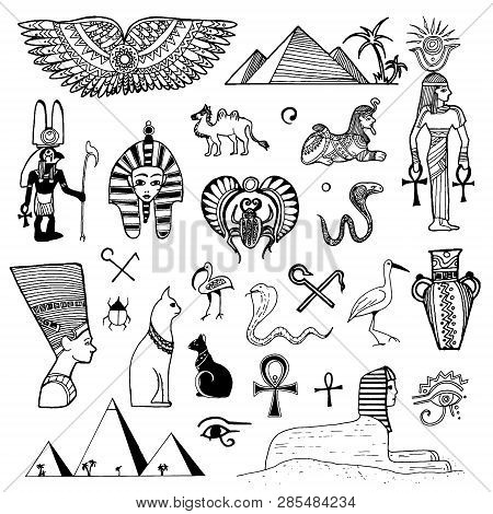 Vector Hand Drawn Sketch Of Egypt Symbols Illustration On White Background
