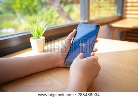 Chiang Mai, Thailand - Jan. 19,2019: Woman Holding Huawei With Onedrive On Screen. Microsoft Onedriv
