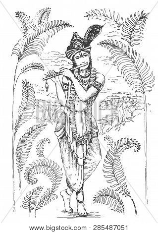 Vector Illustration Of Lord Krishna Playing Flute On Happy Janmashtami Holiday Indian Festival Greet