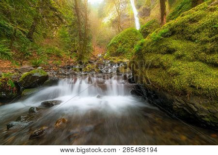 Cascading Small Waterfall Along Starvation Creek At State Park In Columbia River Gorge Oregon