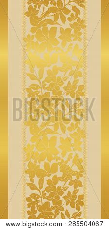 Stylized Abstract Golden Metallic Poppies And Tulips With Floating Lilies And Leaves On Cream Backgr