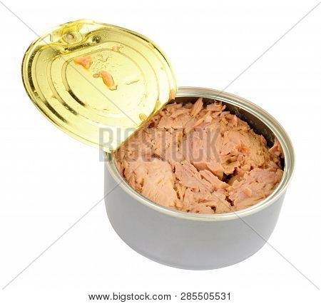 Tinned Skipjack Tuna Steak Isolated On A White Background