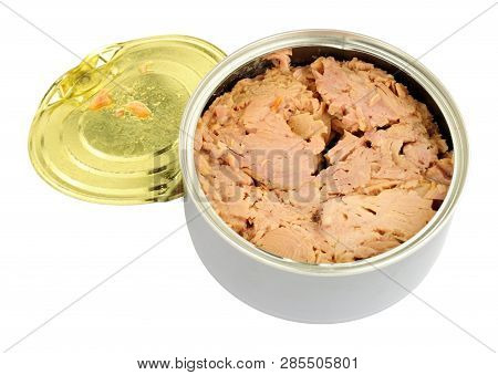 Tinned Skipjack Tuna Steak Isolated On A White Background