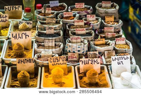 Traditional Market In Armenia With Spices On The Market In Yerevan