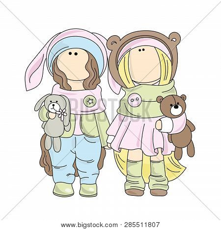 Dolls Tilda Doll Girl Game Holiday Cartoon Vector Illustration Set For Print, Fabric And Decoration.