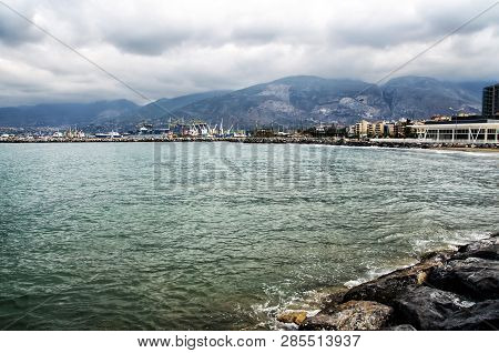 Dramatic Landscape On A Storm Sea In Iskenderun, Turkey With Stone Pier