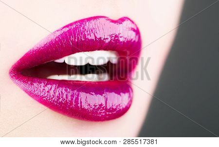 Sexy Lips, Lip Care And Beauty. Beautiful Tender Lip, Lipstick And Lipgloss, Passionate. Sensual Ope