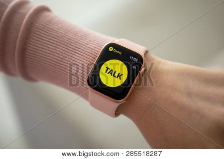 Anapa, Russia - February 16, 2019: Woman Hand With Apple Watch Series 4 With App Walkie-talkie On Th
