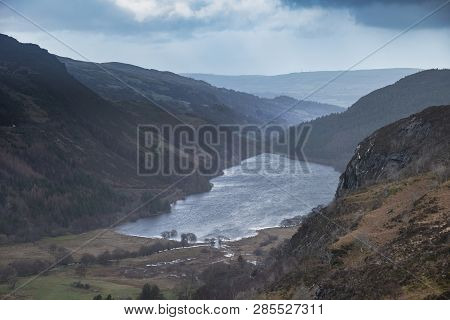 Landscape Image Of View From Peak Of Crimpiau Towards Llyn Crafnant In Snowdonia