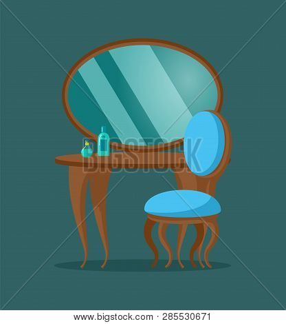 Pier Glass Vector, Console Mirror With Blue Chair And Table. Isolated Icon Of Desk With Bottles Of P