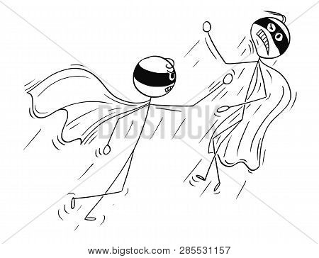 Cartoon Stick Figure Drawing Conceptual Illustration Of Two Masker Super Heroes Or Superheroes In Co