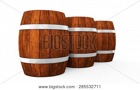 Wooden Barrel With Iron Hoops Isolated On White Background. 3d Rendering. Old Barrel With Rust On Th