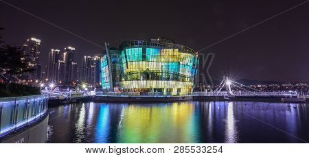 Seoul, South Korea - Sep 16, 2016. Sebitseom (some Sevit) Illuminated At Night On Artificial Floatin