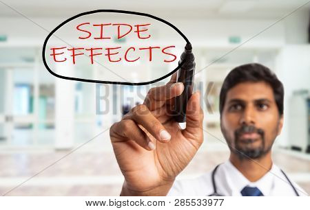 Indian Doctor Circling With Black Marker Side Effects Red Text On Transparent Display As Selective F