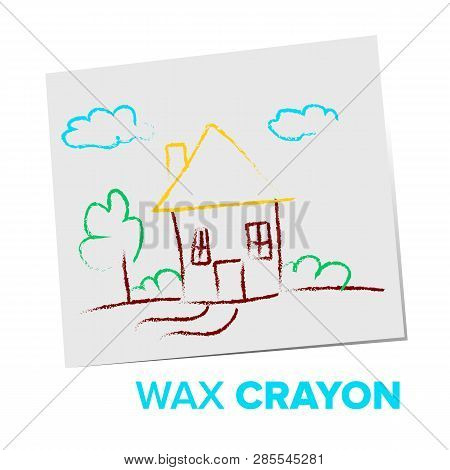Wax Crayon Child Drawind Vector. My House. Family. Isolated Flat Cartoon Illustration