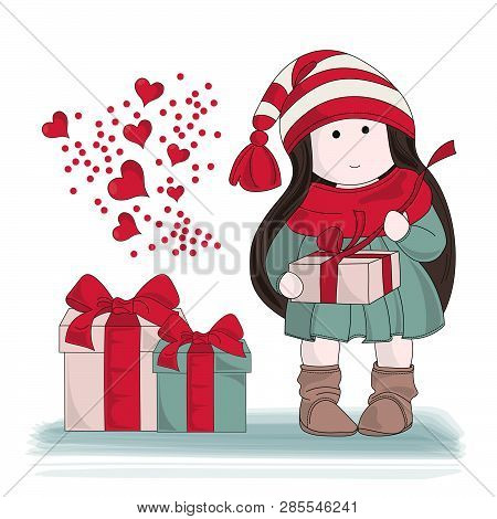 Gift From Heart Tilda Doll Merry Christmas And New Year Cartoon Vector Illustration Set For Print, F