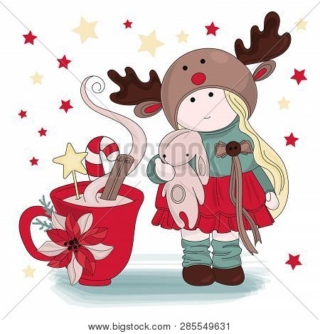 Girl Congratulation Tilda Doll Merry Christmas And New Year Cartoon Vector Illustration Set For Prin