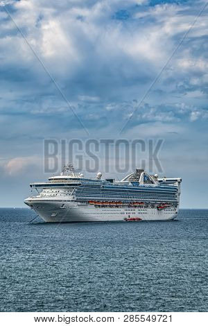 Helsingborg, Sweden - July 15, 2009: The Luxury Cruise Ship Grand Prinsess Sits Anchored Off Shore A