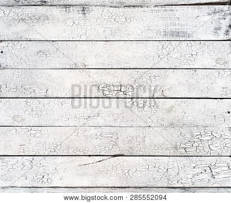 White Wooden Shabby Weathered Planks With Cracked Paint, Old Light Wood Grunge Desk Surface Board Vi