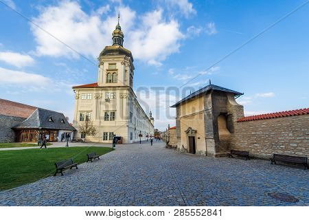 Kutna Hora, Czech Republic - October 26, 2018: Pedestrian Street (terrace) Barborska, Jesuit College