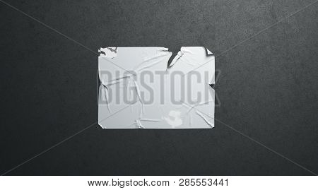 Blank White Wheatpaste Adhesive Torn Poster Mockup Black Textured Wall, 3d Rendering. Empty Ragged S