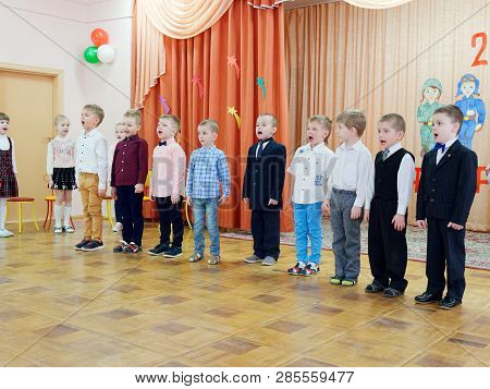 Gomel, Belarus - February 22, 2019: Matinee In Kindergarten Dedicated To The Day Of The Soviet Army.